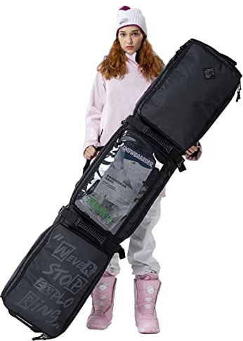Multifunktions-Einzelboard-Skitasche mit rollenden Rädern, wasserfeste, gepolsterte Snowboardtasche mit großem Fassungsvermögen, Skischuh- und Helmtasche mit Mehreren Fäc