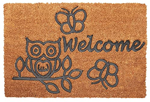Roseley Embossed Door Mat Non-Slip Natural Coir Doormat Indoor & Outdoor Welcome Rug 40 x 60cm Heavy Duty (Embossed Owl)