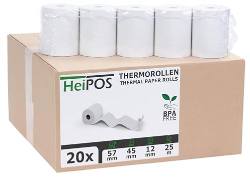 HeiGroup HeiPOS 20x Thermorollen 57mm x 25m x 12mm (Ø 45mm) - Kassenrollen für Casio, Sharp, Olympia & Registrierkassen - NICHT für EC-Kartenleser - BPA-frei