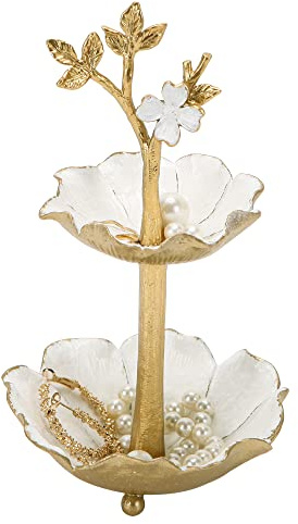 NIKKY HOME Gold Metal Jewelry Holder Stand With Ring Tray, Tree Jewelry Organizer Decorative Flower Jewelry Necklace Holder Organizer Rack Tower