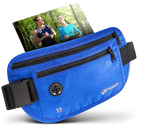 praxxim Die Bauchtasche zum Joggen - Perfekt sitzende Lauftasche - Bauchtasche Damen & Herren - Gürteltasche - Laufgürtel für Jogging und alle Handy Größen (blau)
