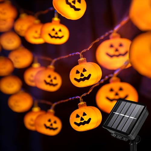 KPCB Halloween Lichterkette Außen 7,9M 60 LED, Wasserdicht Solar Lichterkette Aussen 8 Modi, Halloween Kürbis Deko Outdoor für Garten, Tür, Fenster, Baum [2024 Solar Version]