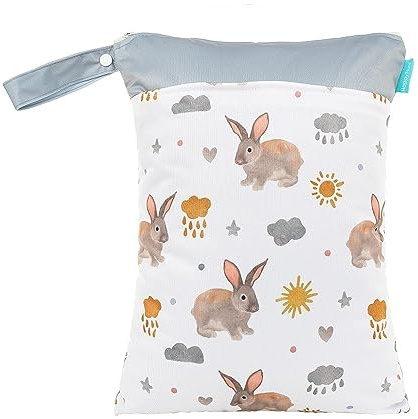 Treer Baby Windeltasche Bohemian Regenbogen 30x40cm Doppelt Reißverschluss Wasserdichte Wetbags - Nass-Trocken-Trennung - Hängende Kleinkind Stoffwindeln Organiser Beutel (Hase)
