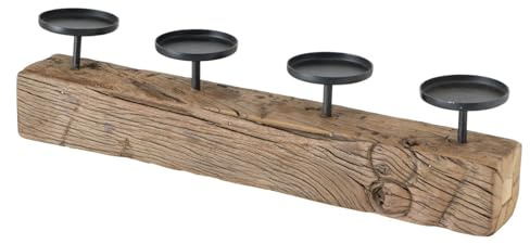 Solea Kerzenleuchter aus Eisenbahnschwellenholz, Schwarz, 50x7x13cm | 4 Kerzenhalter, Metall, Naturfarben, Recyceltes Holz, Adventskranz Tischdekoration