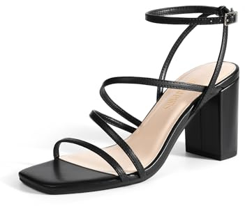DREAM PAIRS Women's Heels Chunky Block Strappy Square Open Toe Ankle Buckle Heeled Sandals Wedding Party Dress Shoes Indie,Size 9.5,Black,SDHS2428W