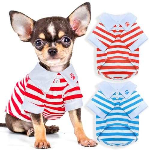 2 Pieces Stripe Dog T-Shirt Teacup Chihuahua Dog Clothes for Small Dogs Boy Yorkie Puppy Clothes XXS Blue+ Red