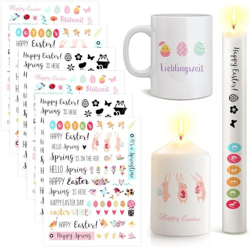 Super Idee 6 Bogen Kerzen Tattoo Folie Ostern Frühling Kerzentattoos Wasserschiebefolie Kerzenaufkleber Kerzen dekorieren Kerzensprüche für Kerze Tasse DIY Geschenk Osterhase Sprüche Frohe Ostern