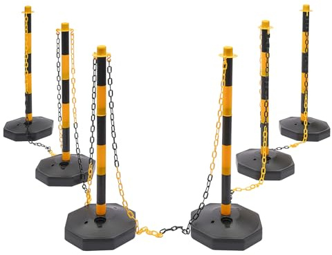 SuhoFutus Parkplatzsperre Set, Parkplatzsperre mit 6 Absperrpfosten, 6 Bodengewichten, 5 Absperrketten (2m) und 10 S-Haken, Absperrpfosten mit Absperrkette für Parkplätze, Gelber + Schwarze