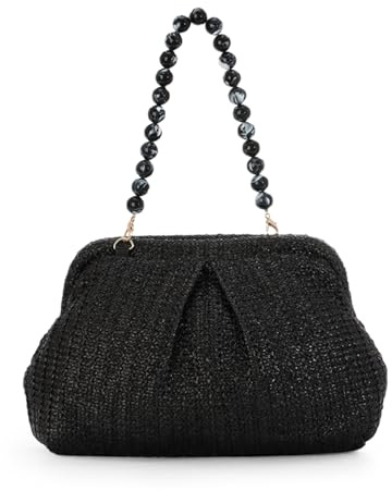 Ynport Crefreak Bolso Bandolera de Paja Para Mujer Bolsos de Ratán Tejidos a Mano Bolso de Hombro con Asa Superior de Paja Bolso de Playa de Verano Bolso de Mano, Negro