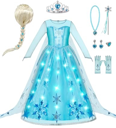 Spooktacular Creations 8-teiliges leuchtendes Eisprinzessin-Kleid für Mädchen: langes Cape-Prinzessin-Kostüm mit LED, perfekt für Geburtstag, Cosplay und Halloween-Partys