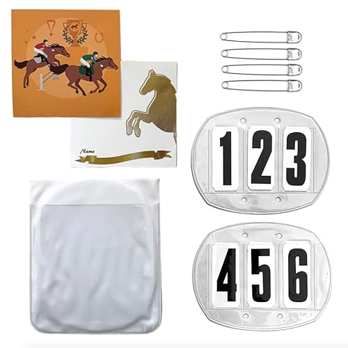 JA7001 JA Horse Numéro de départ Numéro de tête Numéro de tournoi Porte-numéro : paire 3 chiffres Ordre 4 chiffres Cheval équitation Tournoi Numéros avec épingles de sécurité Order Bande élastique (3