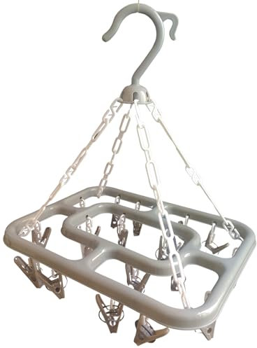 Sock Hanger for Washing Line with 18 Strong Pegs Clothes Airer Drying Rack Indoor Outdoor Clothes Dryer Laundry Hanger for Baby Clothes Socks Gloves Hats Underwear and other small garments (1, Grey)