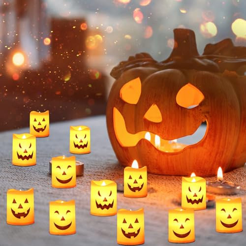 12 Candele LED Halloween, Lanterni Decorazioni Tavola con Espressione Strana, Decorazioni Giardino, Zucca Luminosa, Candele Senza Fiamma (luce calda)