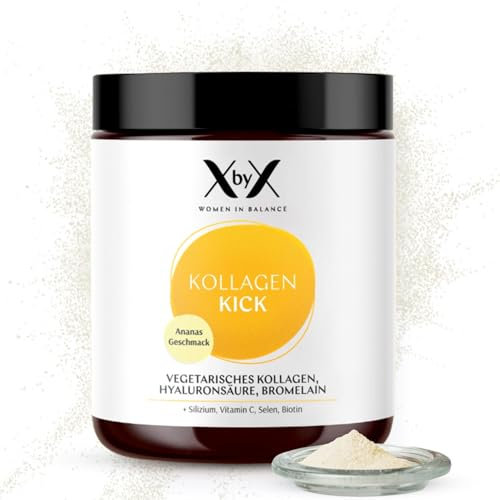 XbyX Kollagen Kick 90 g Ananas | 45 Portionen | Vegetarisches Premium Kollagen Pulver aus Eierschalenmembran für Haut, Haare, Knochen, Muskeln, Nägel und Gelenke | Aus Deutschland