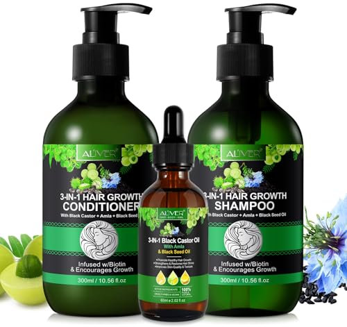 P-Beauty 3-in-1 Hair Growth Set Conditioner, Shampoo, Öl - Mit Schwarzem Rizinusöl, Amla & Schwarzkümmel - Shampoo, Conditioner & Öl für Stärkeren Haarwuchs, Glanz & Geschmeidigkeit - Alle Haartypen
