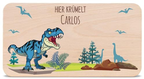GRAVURZEILE - Bedrucktes Frühstücksbrettchen aus Holz - T-Rex Design - Personalisiert mit Namen - Lebensmittelechter umweltfreundlich zertifizierter Druck (GreenGuard Gold) - Farbe: Blau