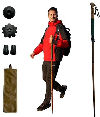 FOREST PILOT Trekking Pole - 1pc Pack Sassafrases Wood Adjustable&Detachable Hiking or Walking Stick with Flip Lock & All Terrain Accessories - Green Hand Strap