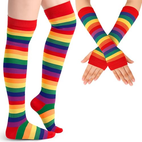 Blulu Armstulpe Beinwärmer für Damen Gestreifter Oberschenkel Strumpf Fingerlose Handschuhe Streifen Strumpf(Bonbon Rot)
