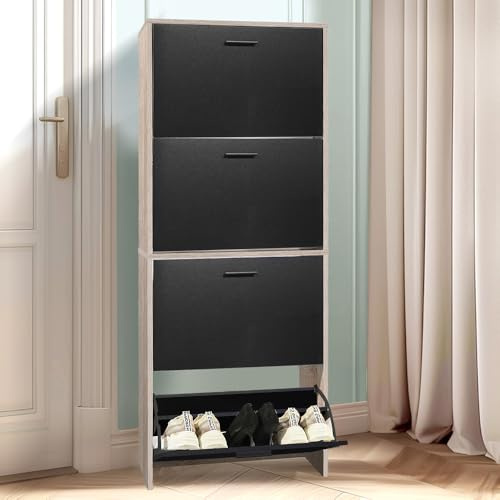CASABEL Zapatero 24 Pares, Espacioso, Puertas Negras, Marco de Madera Clara | Organizador de zapatos, 4 abatibles, gran capacidad, estantes ajustables, ahorro de espacio, diseño moderno, montaje fácil