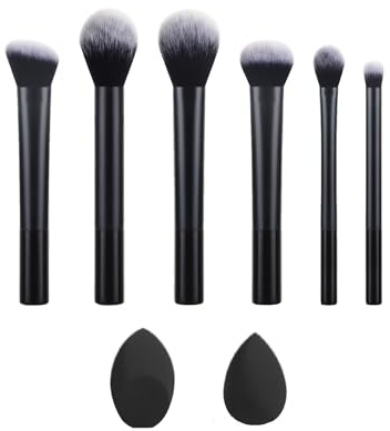 Set di 6 pennelli da trucco neri a tubo lungo, per cipria, sopracciglia, ombretto, 2 spugne per trucco