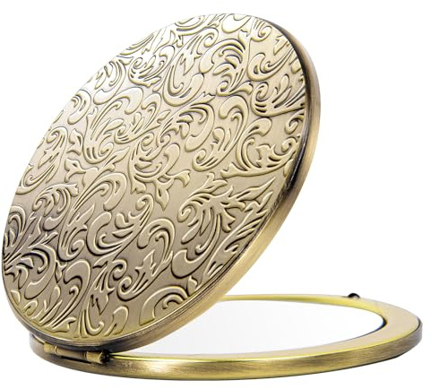 Mini Portable Oval Metall-Klappspiegel, schön und elegant, robust und langlebig, 1X/2X fache Lupe. (Bronze)