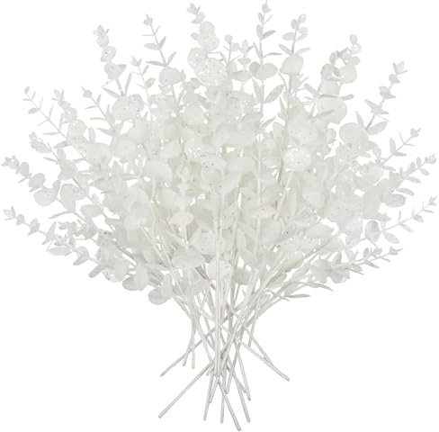 Oairse - Set de 20 ramas artificiales de Navidad con decoración de purpurina, hojas de Navidad para árbol de Navidad y Año Nuevo, eucalipto artificial para decoración festiva de mesa del comedor