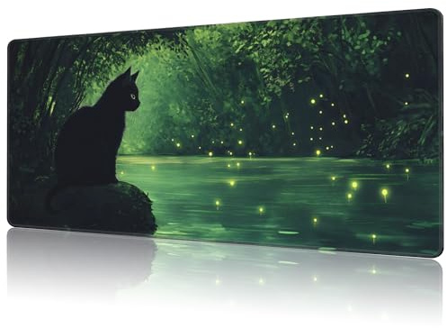 Großes Mauspad, schwarze Katze, erweiterte Gaming-Tastatur-Schreibtischmatte, rutschfestes Gummi mit genähtem Rand, Schreibtischunterlage, geeignet für Büro, Zuhause, Desktop-Dekoration (80 x 40 cm)