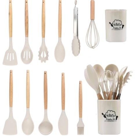 Juego de 12 Utensilios de Cocina Silicona con Mango de Madera - Kit de Cocina Completo de Menaje, Resistentes y Duraderos (Blanco Perlado)