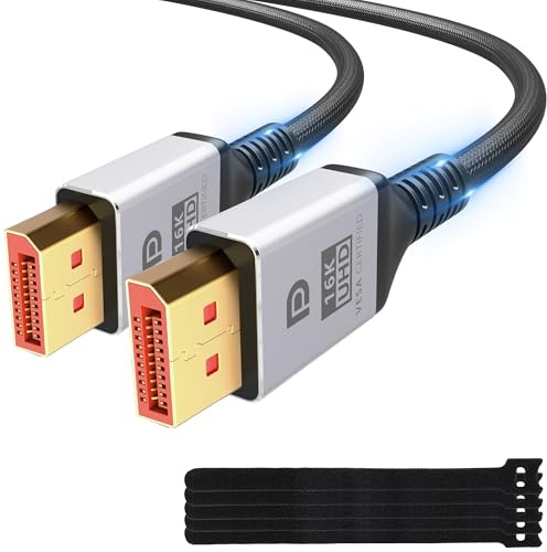 VESA Certified 16K DisplayPort Cable 2.1 8 Ft, 80Gbps [16K@60Hz, 8K@120Hz, 4K@240Hz@165Hz@144Hz] HDR10, HDCP DSC 1.2a 3D, Braided eARC DP 2.0/1.4 Cord FreeSync G-Sync for Gaming/PC/TV/Monitor/Graphics