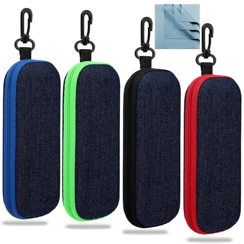 Brillenetui aus Denim-Stoff - 4 Stück Tragbare Reise-Sonnenbrillentasche mit Reißverschluss, glasses case mit Karabiner, Druckfestes Brillenetui sonnenbrille aus EVA, Mode brillen etui hart für Unisex