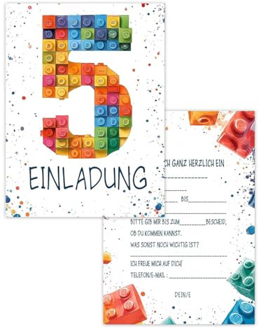JUKOTA 15 x Bausteine Einladungskarten - DIN A6 - Original - mit Aufkleber,Blocks Einladungskarten Kindergeburtstag Mädchen Junge,Geburtstagseinladungen,Party deko,Einladung Einschulung (5 Jahre)