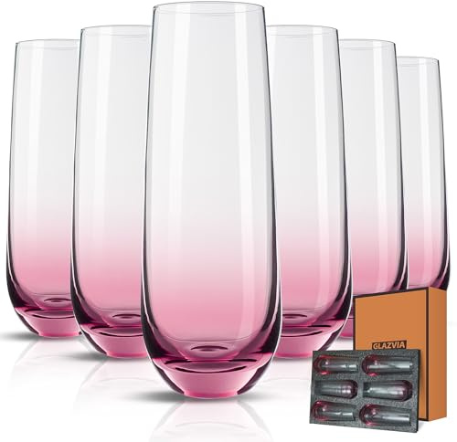 GLAZVIA Stemless Champagne Flutes Glasses Set of 6-10oz Elegant Pink Champagne Glass, Unique Pink Flute Gift for Wedding, Anniversaries, Parties, Birthday, Restaurant, Home Bar