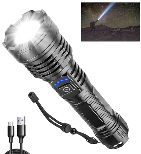 Torcia LED Potente Professionale 500000 Lumen Super Luminosa,Ricaricabile con Batteria e Cavo USB,Torcia Portatile Potente,5 Modalità per Per Campeggio Trekking Emergenza Campeggio Trekking Emergenza