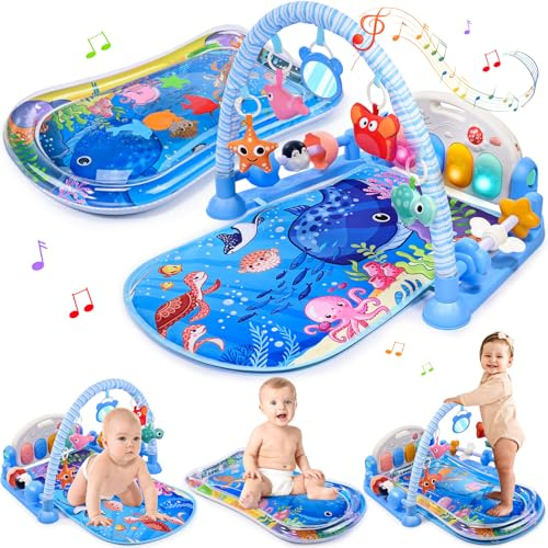 JoltJive Baby Play Mat with Tummy Time Water Mat, Activity Baby Play Piano Gym with 5 Sensory Toys for Babies, Music and Lights Baby Toys for 0-6 6-24 Months, Newborn Baby Toddlers Toys Gift