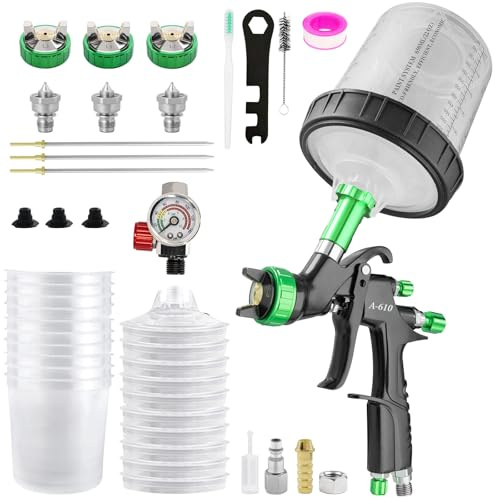 A610 LVLP Air Paint Spray Gun Kits with 650ml Mixing Cup & 10x Disposable Cups, 1.3/1.5/1.7mm Nozzles LVLP Automotive Paint Gun Sprayer, Paint Gun for House Painting, Furniture, Fence, Car