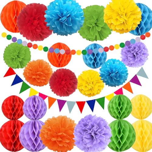 26 Stück Papier Wabenbälle Pompons Deko Bunte Geburtstagsdeko darunter Wabenbälle Papierblumen Wimpelketten und Girlande Geburtstag für Geburtstage Hochzeiten Partys Karnevals und Andere Anlässe