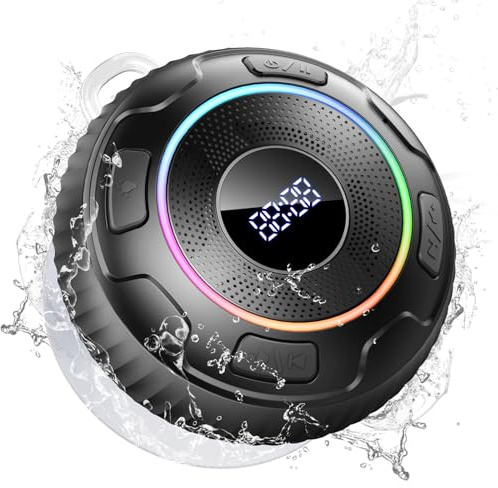 Hupoaf Bluetooth Duschlautsprecher, Bluetooth Lautsprecher Dusche 5.3, IPX7 Wasserdicht Shower Speaker mit Stereo Sound, RGB Licht, 10 Std Spielzeit, Wireless Speaker für Badezimmer/Bergsteigen/Reisen