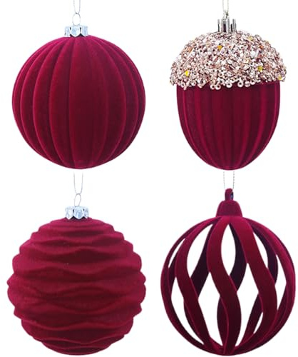 Palle Di Natale Vellutate – Velluto PVC 8cm 93g, Set Da 4 | Addobbi In Peluche Vino | Decorazioni Albero Eleganti | Per Casa, Feste, Ghirlande, Caminetto, Pendenti E Allestimento Festivo S
