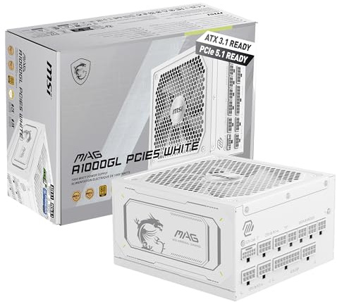 MSI MAG A1000GL PCIE5 White, Fully Modular Compact Gaming 1000W Power Supply, 80+ Gold, ATX 3.1 & PCIe 5.1 Ready, Native Dual-Color 12V-2x6 Cable, Low-Noise, Embossed Jacket Cables, 10 Year Warranty
