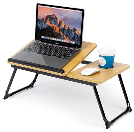 Mesa para Cama y Sofá: Plegable Bandeja para Cama con Tapa Ajustable y Portavasos, Mesa Cama Ordenador en Tablero MDF y Metal, 56x32x25 cm, Madera Clara