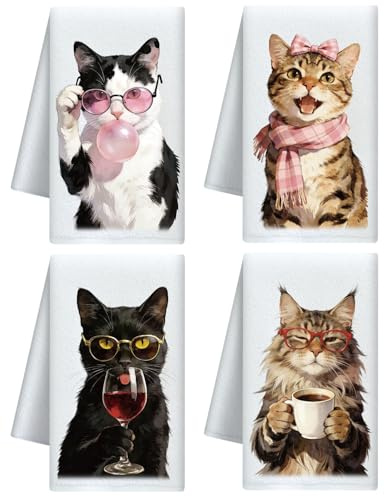 CUTHOLLOW 4er-Set Geschirrtücher mit Eleganzte Katze Motiv - Weich & Saugfähig - Deko Trockentuch Microfaser für Küche, Tee, Kaffee, Bar, Zuhause, Einweihung, Geburtstag