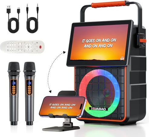 Portable Karaoke Machine with 10.1” Rotatable HD Screen, Wireless Screen Mirroring for iOS & Android, Bluetooth Speaker with Lyrics Display, PA System with 2 Wireless Microphones & LED Lights for Home