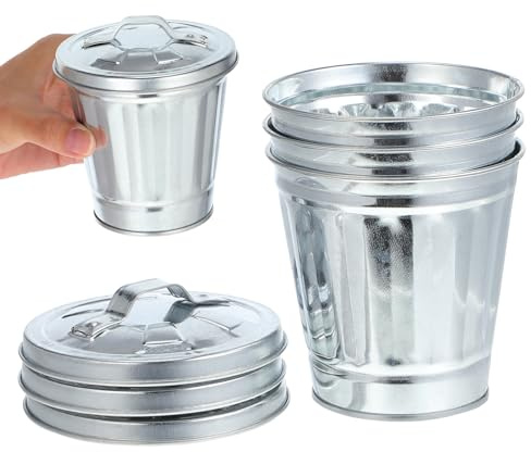 HOMSFOU 3pcs Mini Metal Trash Can with Lid, Adorable Desktop Waste Bin Flowerpot Storage Containers for Home Office, Small Countertop Garbage Can Planter Set