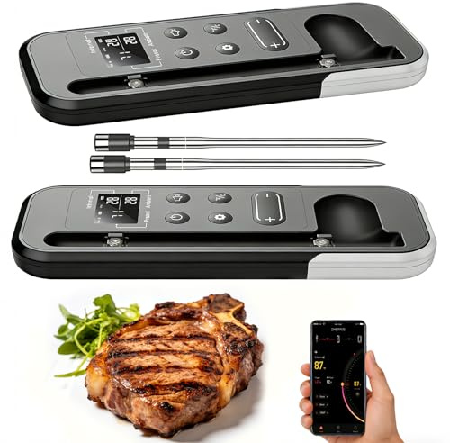 ANTELA Fleischthermometer Kabellos Bluetooth 5.3, 2 Packs | 200M Reichweite, LCD Anzeige, Alarmfunktion, Für Ofen, BBQ, Grill, Raucher, APP-Steuerung