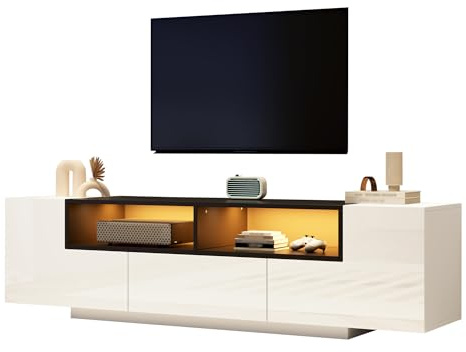 QQJIN TV Lowboard Stehend 180cm, Weiß Hochglanz Fernsehschrank mit LED App-Steuerung für 75 Zoll, Tv Schrank Holzoptik mit 2 L-förmigen Schränken,O