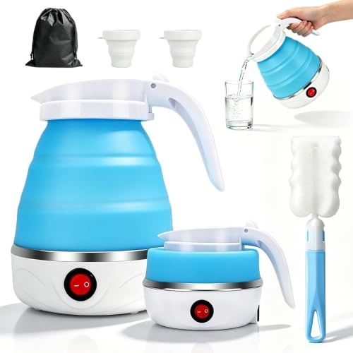 BIZOI Faltbarer Wasserkocher, 600ml Faltbarer Reisewasserkocher mit 2 Faltbecher, Bürste und Aufbewahrungstasche, Silikon Tragbarer Wasserkessel mit Edelstahlboden für Camping Reise Outdoor