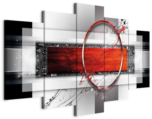 B&D XXL - Wandbilder XXL Abstrakt 225x112cm 5 tlg - Wand Deko Leinwand Bilder Groß Wanddeko Wohnzimmer Schlafzimmer Kunstdrucke - geometrische Muster Textur Farbflecken rot grau