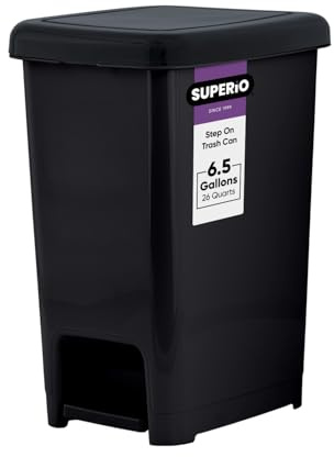 Superio Slim Step On Trash Can 6.5 Gallon, Black Waste Bin with Foot Pedal Lid 26 Liter, Kitchen, Under Desk, Office, Bedroom, Bathroom
