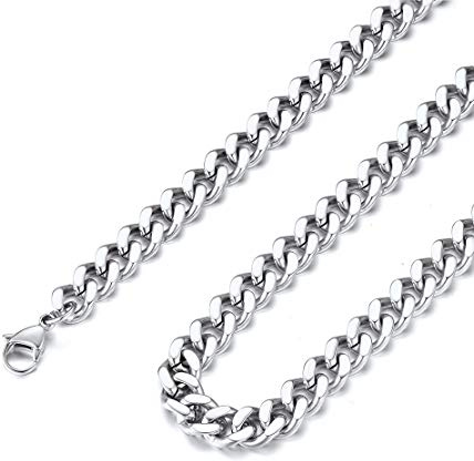 FindChic Color Plata Collar Largo 70cm de Cadenas Cubanas 9mm Grueso Acero Hombres Inoxidable