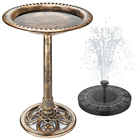 AISITIN Vasca per Uccelli con Fontana Solare 2.5W, Area Cibo e Decorazione per Giardino/Balcone, Vasca da Bagno e Mangiatoia per Uccelli per Terrazzo, Balcone e Giardino (Bronzo bruno)